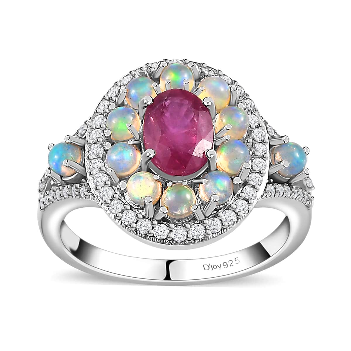 Montepuez Ruby and Multi Gemstone Double Halo Ring in Platinum Over Sterling Silver (Size 8.0) 2.10 ctw image number 0
