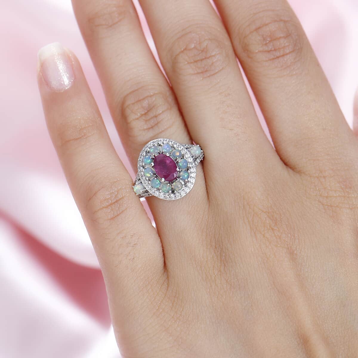 Montepuez Ruby and Multi Gemstone Double Halo Ring in Platinum Over Sterling Silver (Size 8.0) 2.10 ctw image number 3