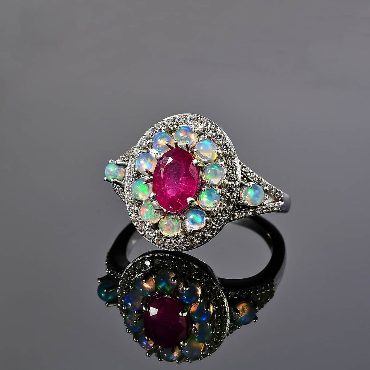 Montepuez Ruby and Multi Gemstone Double Halo Ring in Platinum Over Sterling Silver (Size 9.0) 2.10 ctw image number 2