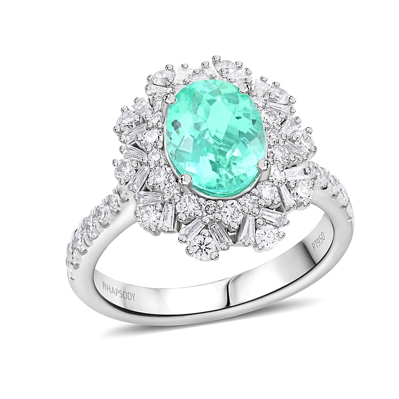 Chairman's Vault Collection Certified & Appraised Rhapsody 950 Platinum AAAA Paraiba Tourmaline and Diamond E-F VS Ring (Size 7.0) 8.75 Grams 2.70 ctw