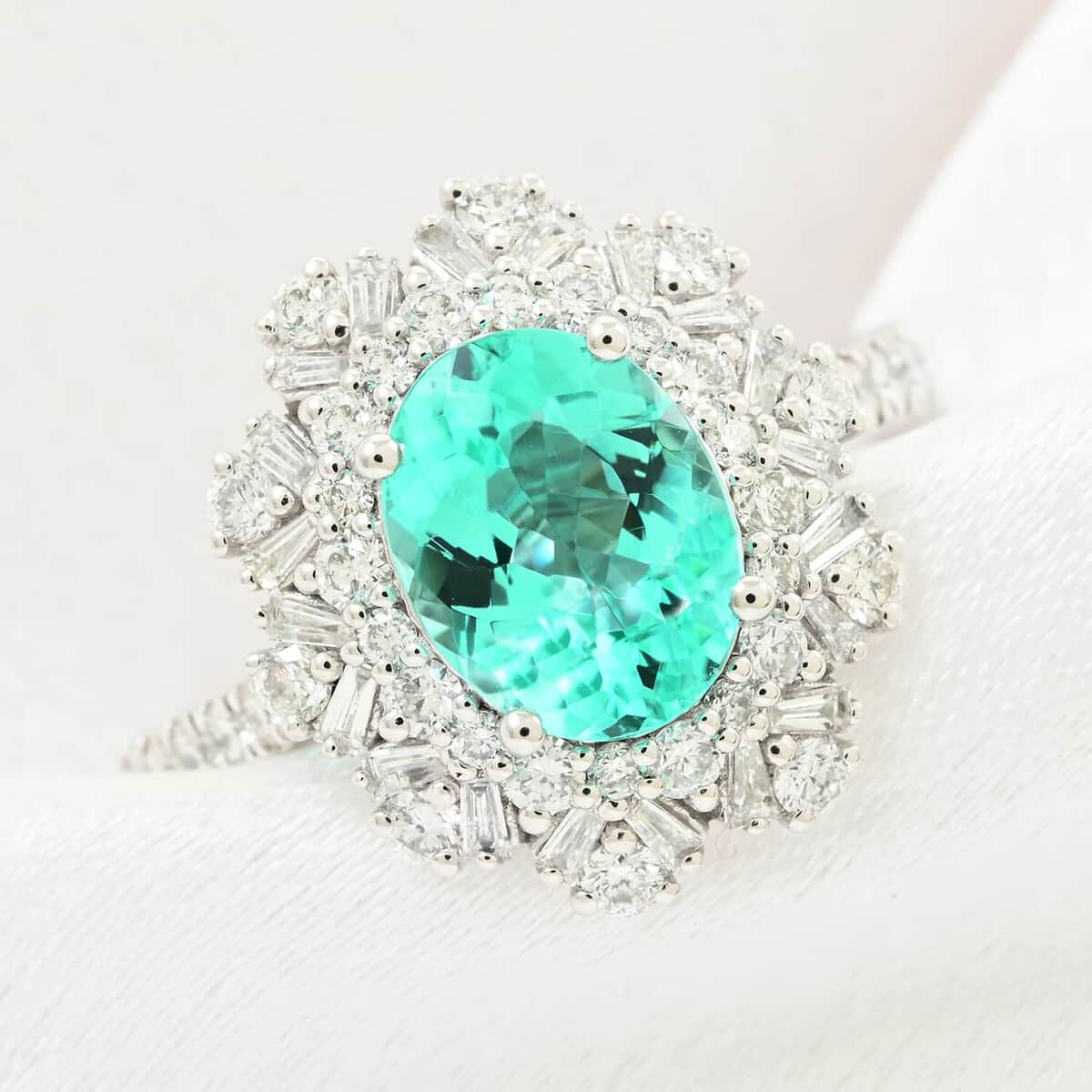 Chairman Vault Collection Certified & Appraised Rhapsody 950 Platinum AAAA Paraiba Tourmaline and Diamond E-F VS Ring (Size 7.0) 8.75 Grams 2.70 ctw image number 1