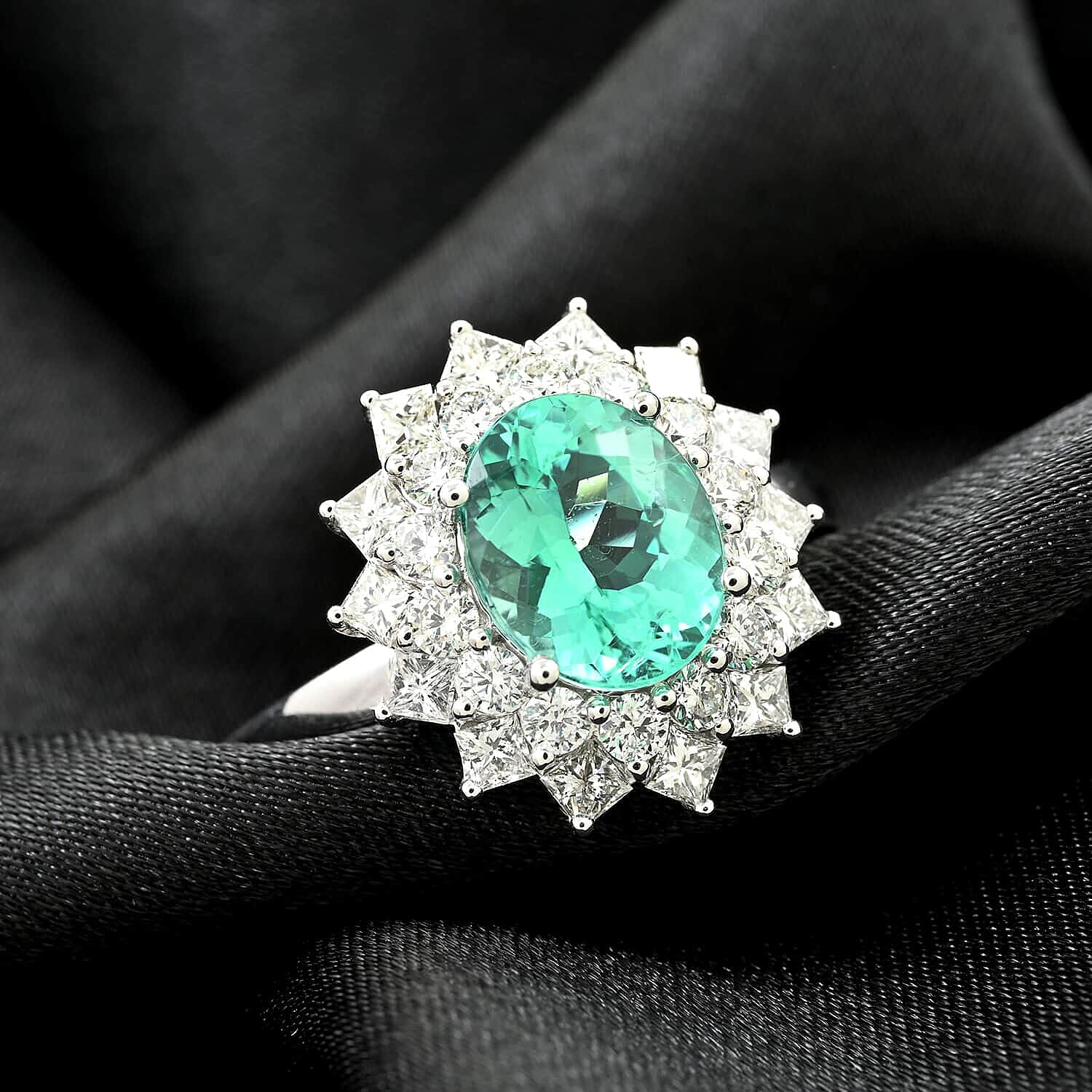 Chairman's Vault Collection Certified & Appraised Rhapsody 950 Platinum AAAA Paraiba Tourmaline and E-F VS Diamond Ring (Size 7.0) 8.50 Grams 2.75 ctw