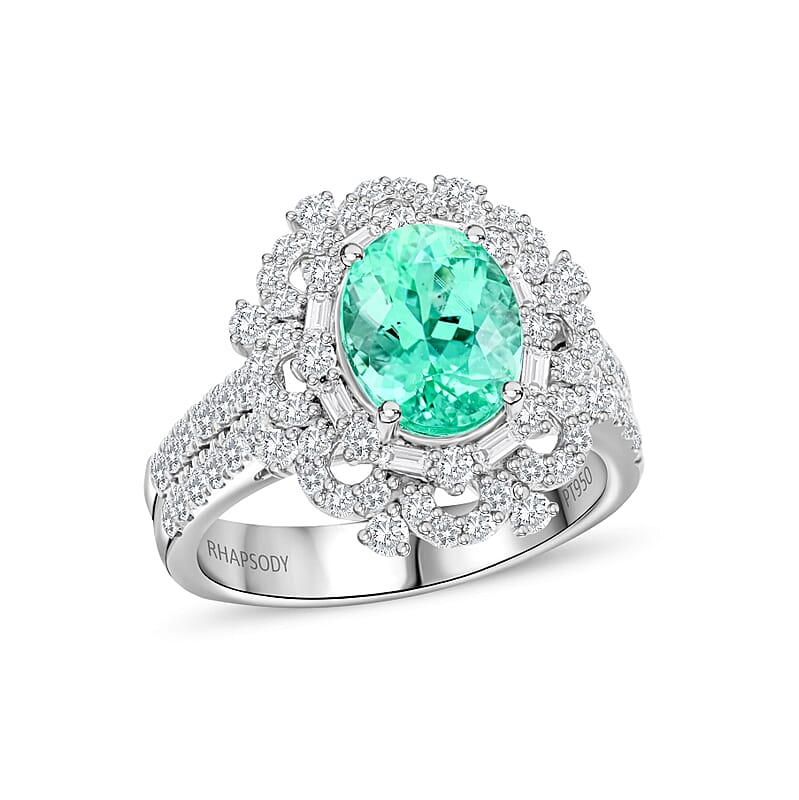 Chairman's Vault Collection Certified & Appraised Rhapsody 950 Platinum AAAA Paraiba Tourmaline and E-F VS Diamond Ring (Size 7.0) 11.50 Grams 3.45 ctw