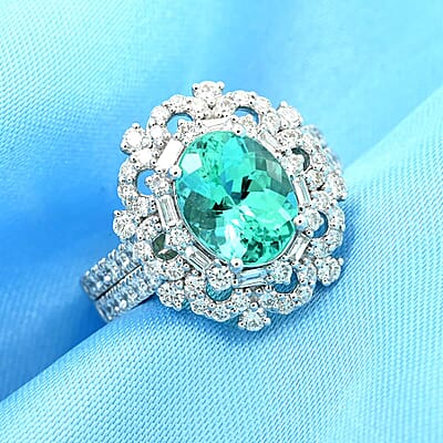 Chairman's Vault Collection Certified & Appraised Rhapsody 950 Platinum AAAA Paraiba Tourmaline and E-F VS Diamond Ring (Size 7.0) 11.50 Grams 3.45 ctw