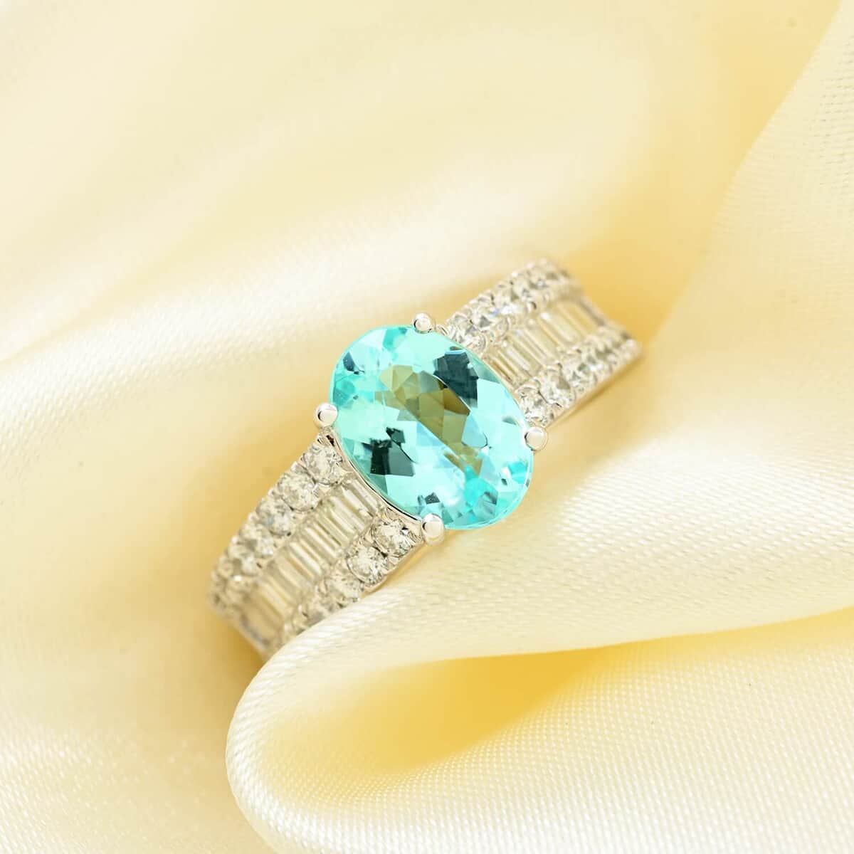 Chairman Vault Collection Certified & Appraised Rhapsody 950 Platinum AAAA Paraiba Tourmaline and E-F VS Diamond Ring (Size 7.0) 10.25 Grams 2.85 ctw image number 1