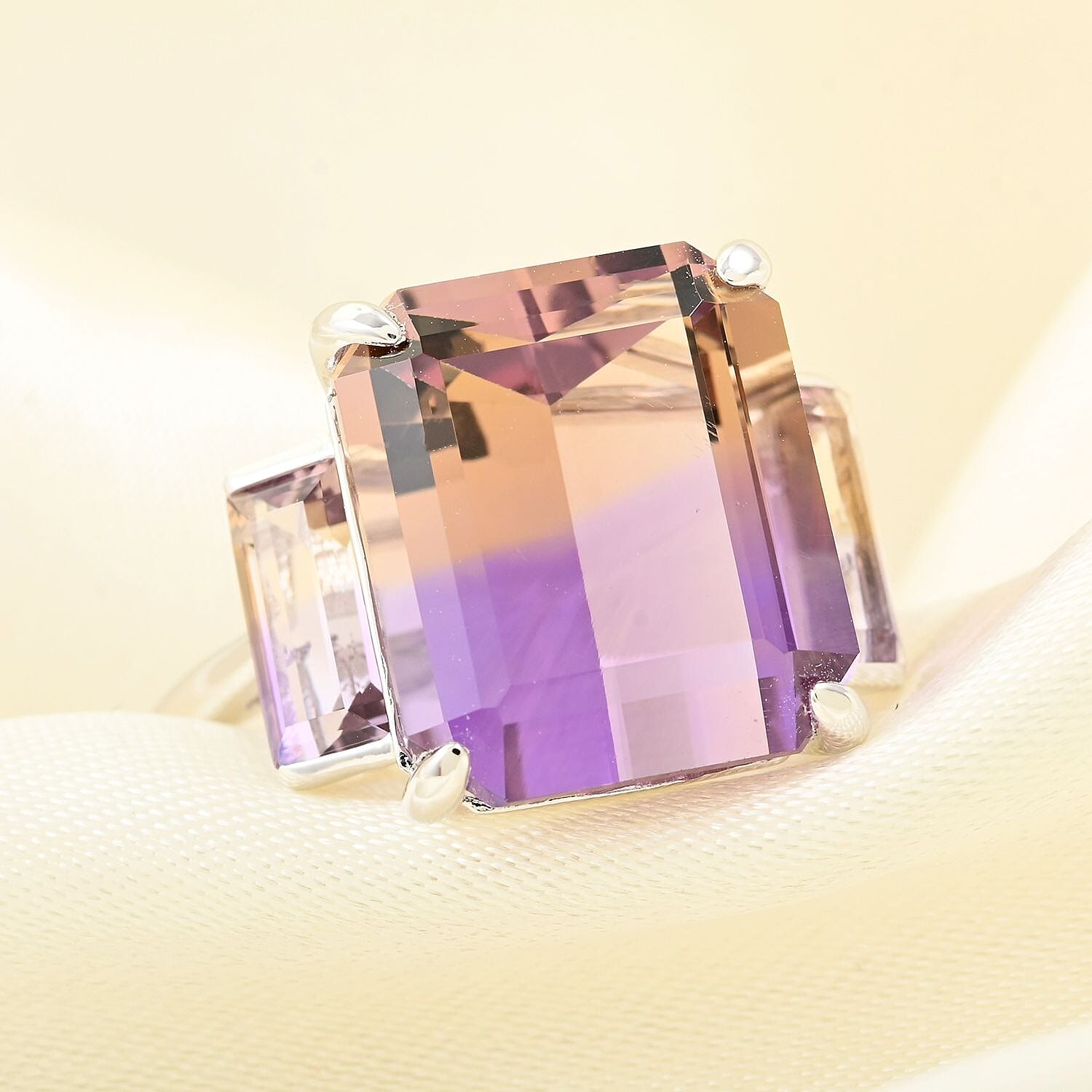 Bi-Color Ametrine 3 Stone Ring in Sterling Silver (Size 10.0) 11.90 ctw