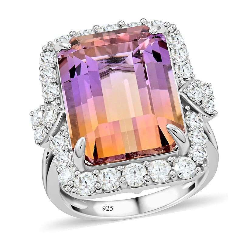 Bi-Color Ametrine and Moissanite 12.70 ctw Art Deco Ring in Sterling Silver (Size 10.0)