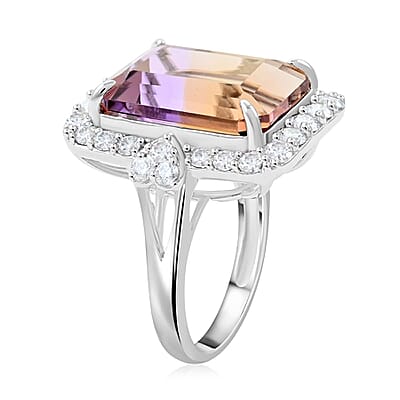 Bi-Color Ametrine and Moissanite 12.70 ctw Art Deco Ring in Sterling Silver (Size 10.0)