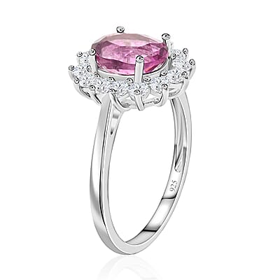 Pink Red Fluorite and White Zircon Ring in Sterling Silver (Size 10.0) 2.30 ctw