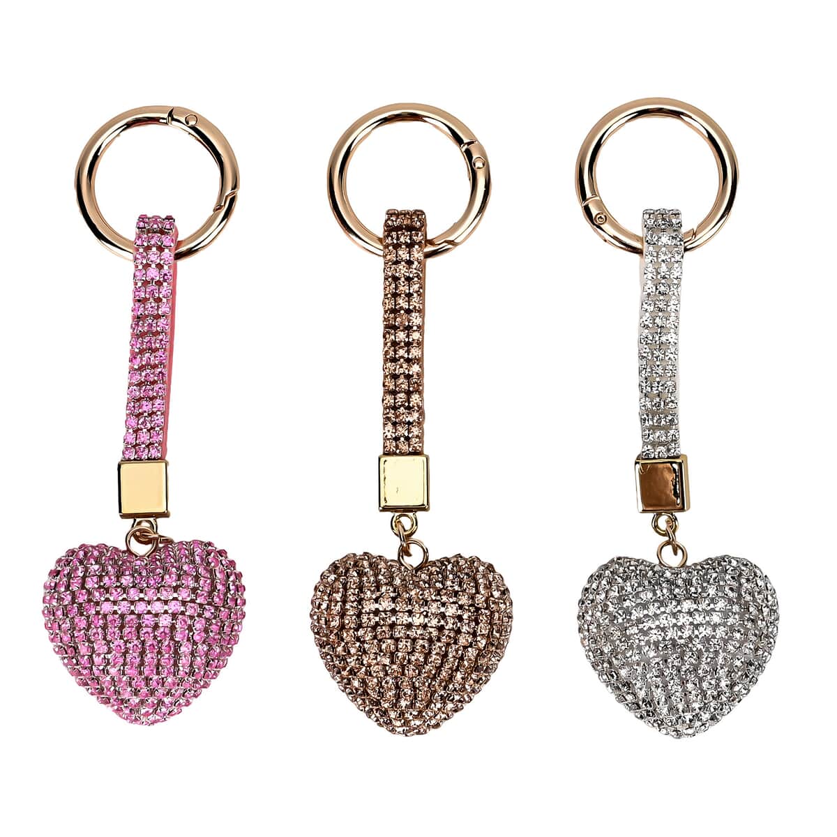 Set of 3 Sparkling Champagne, White, Pink Rhinestone Heart Keychain in Goldtone image number 0