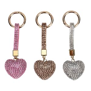 Set of 3 Sparkling Champagne, White, Pink Rhinestone Heart Keychain in Goldtone