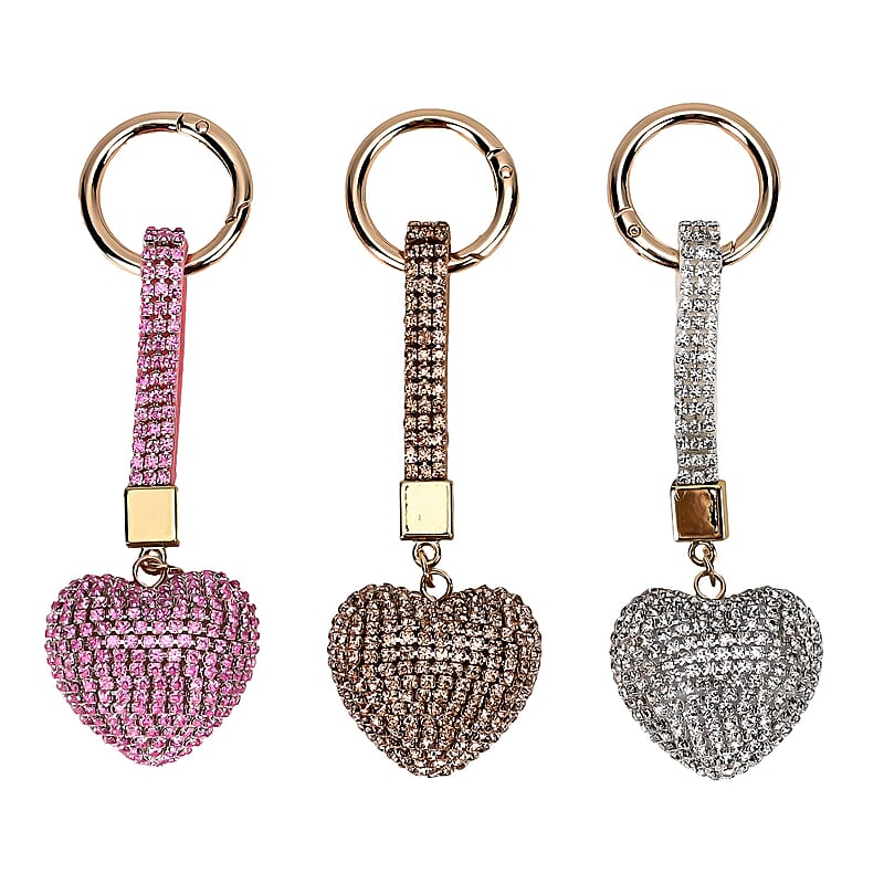 Set of 3 Sparkling Champagne, White, Pink Rhinestone Heart Keychain in Goldtone