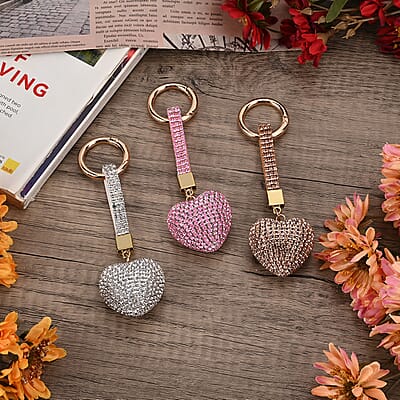 Set of 3 Sparkling Champagne, White, Pink Rhinestone Heart Keychain in Goldtone