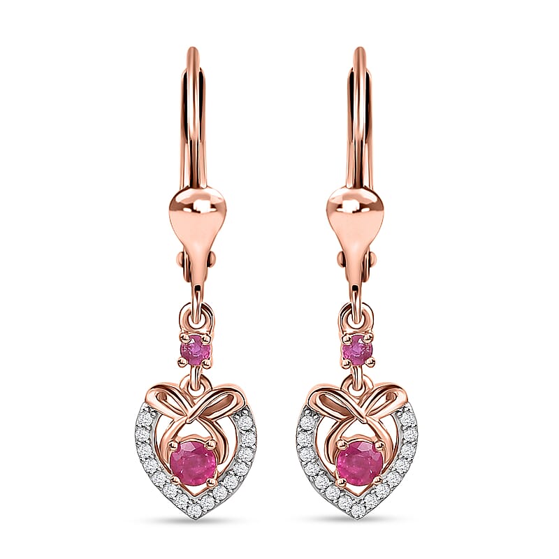 Montepuez Ruby and White Zircon Heart Lever Back Earrings in Vermeil Rose Gold Over Sterling Silver 0.50 ctw