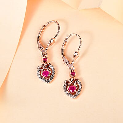 Montepuez Ruby and White Zircon Heart Lever Back Earrings in Vermeil Rose Gold Over Sterling Silver 0.50 ctw