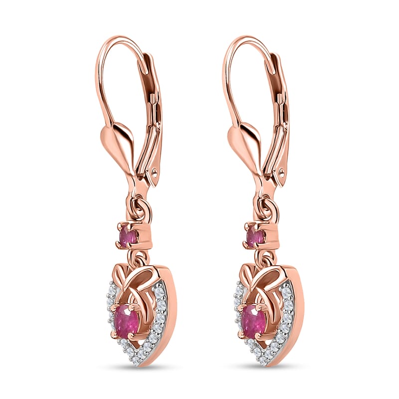 Montepuez Ruby and White Zircon Heart Lever Back Earrings in Vermeil Rose Gold Over Sterling Silver 0.50 ctw