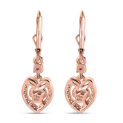 Montepuez Ruby and White Zircon Heart Lever Back Earrings in Vermeil Rose Gold Over Sterling Silver 0.50 ctw