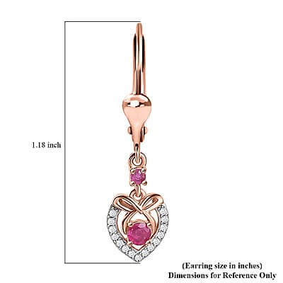 Montepuez Ruby and White Zircon Heart Lever Back Earrings in Vermeil Rose Gold Over Sterling Silver 0.50 ctw