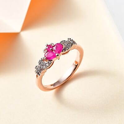 Montepuez Ruby and White Zircon Claddagh Ring in Vermeil Rose Gold Over Sterling Silver (Size 10.0) 0.50 ctw