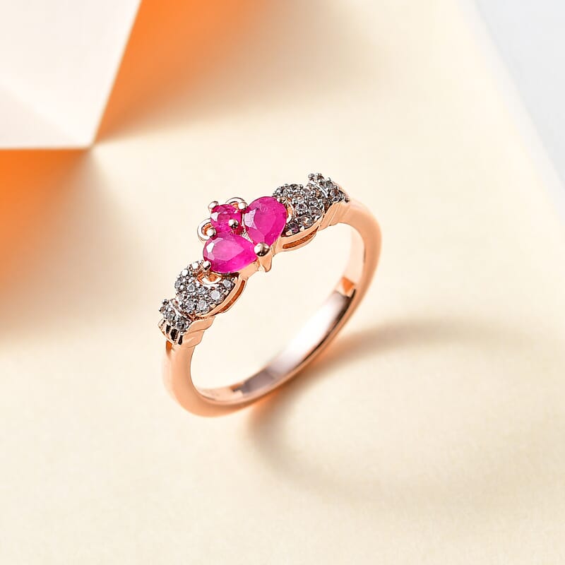 Montepuez Ruby and White Zircon Claddagh Ring in Vermeil Rose Gold Over Sterling Silver (Size 10.0) 0.50 ctw