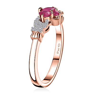 Montepuez Ruby and White Zircon Claddagh Ring in Vermeil Rose Gold Over Sterling Silver (Size 10.0) 0.50 ctw