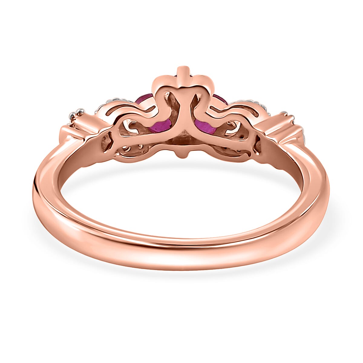 Montepuez Ruby and White Zircon Claddagh Ring in Vermeil Rose Gold Over Sterling Silver (Size 10.0) 0.50 ctw