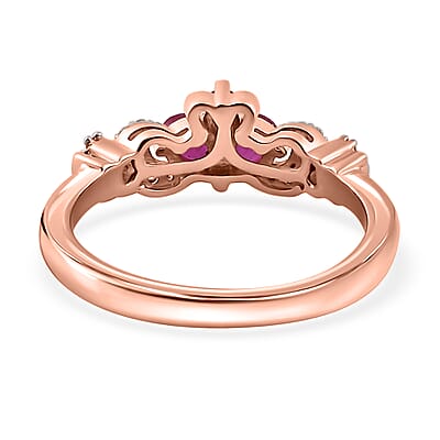 Montepuez Ruby and White Zircon Claddagh Ring in Vermeil Rose Gold Over Sterling Silver (Size 10.0) 0.50 ctw