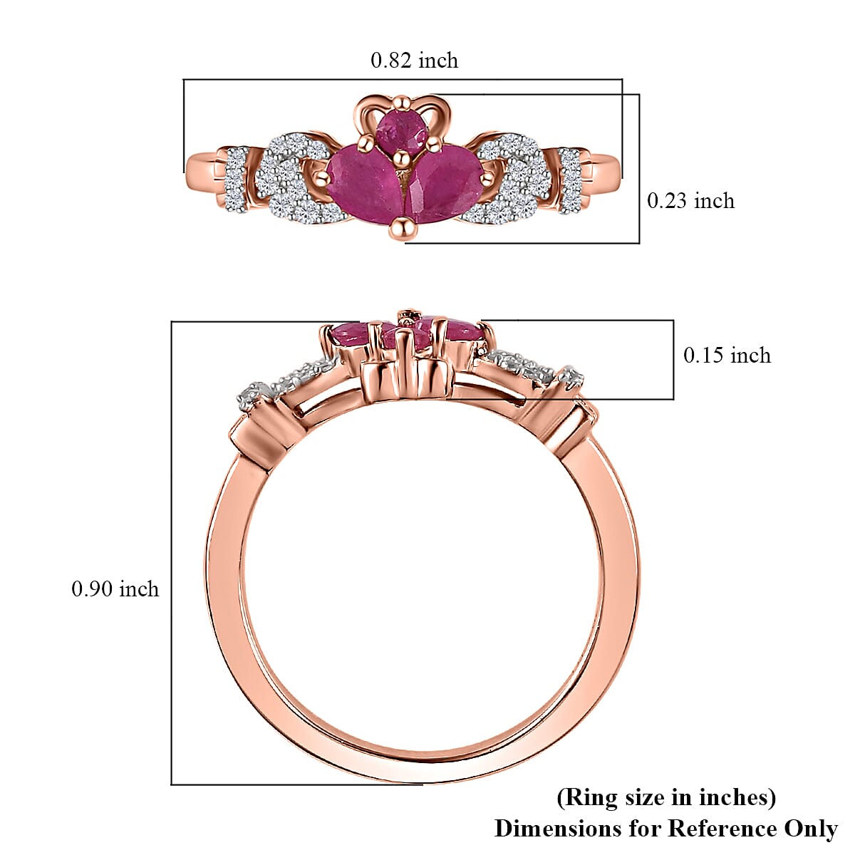 Montepuez Ruby and White Zircon Claddagh Ring in Vermeil Rose Gold Over Sterling Silver (Size 10.0) 0.50 ctw
