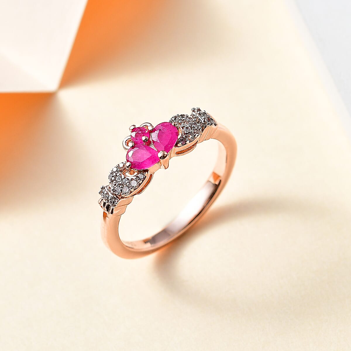 Montepuez Ruby and White Zircon Claddagh Ring in Vermeil Rose Gold Over Sterling Silver (Size 5.0) 0.50 ctw image number 1