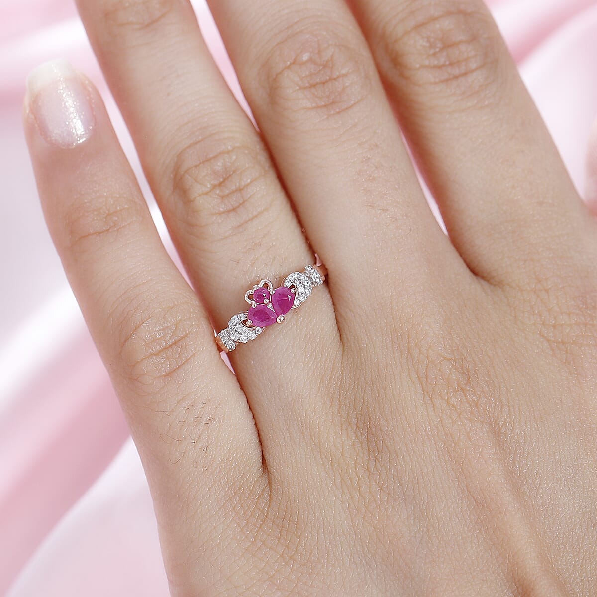 Montepuez Ruby and White Zircon Claddagh Ring in Vermeil Rose Gold Over Sterling Silver (Size 5.0) 0.50 ctw image number 2