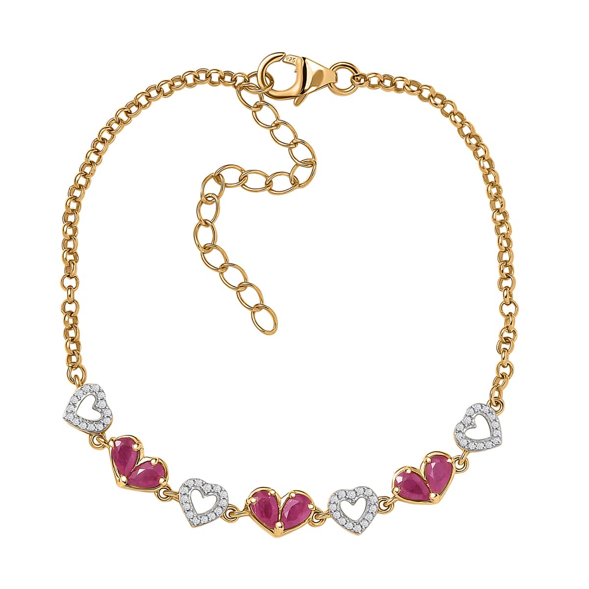 Montepuez Ruby and White Zircon Heart Bracelet in Vermeil Yellow Gold Over Sterling Silver (7.25-9.25In) 1.80 ctw image number 0