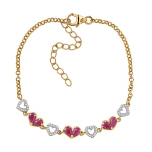 Montepuez Ruby and White Zircon Heart Bracelet in Vermeil Yellow Gold Over Sterling Silver (7.25-9.25In) 1.80 ctw