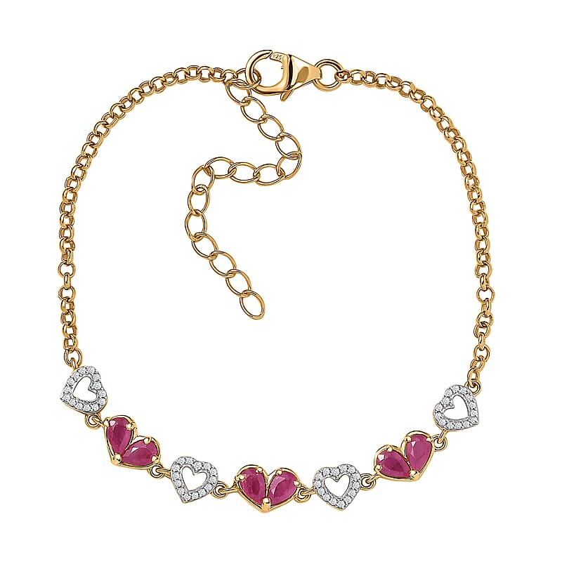 Montepuez Ruby and White Zircon Heart Bracelet in Vermeil Yellow Gold Over Sterling Silver (7.25-9.25In) 1.80 ctw
