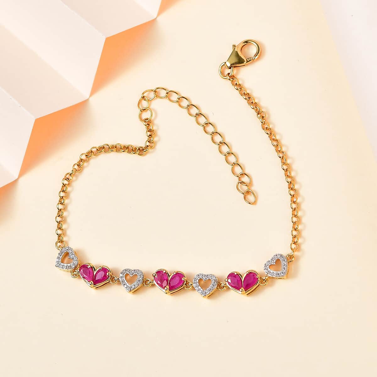 Montepuez Ruby and White Zircon Heart Bracelet in Vermeil Yellow Gold Over Sterling Silver (7.25-9.25In) 1.80 ctw image number 1