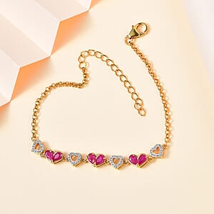 Montepuez Ruby and White Zircon Heart Bracelet in Vermeil Yellow Gold Over Sterling Silver (7.25-9.25In) 1.80 ctw