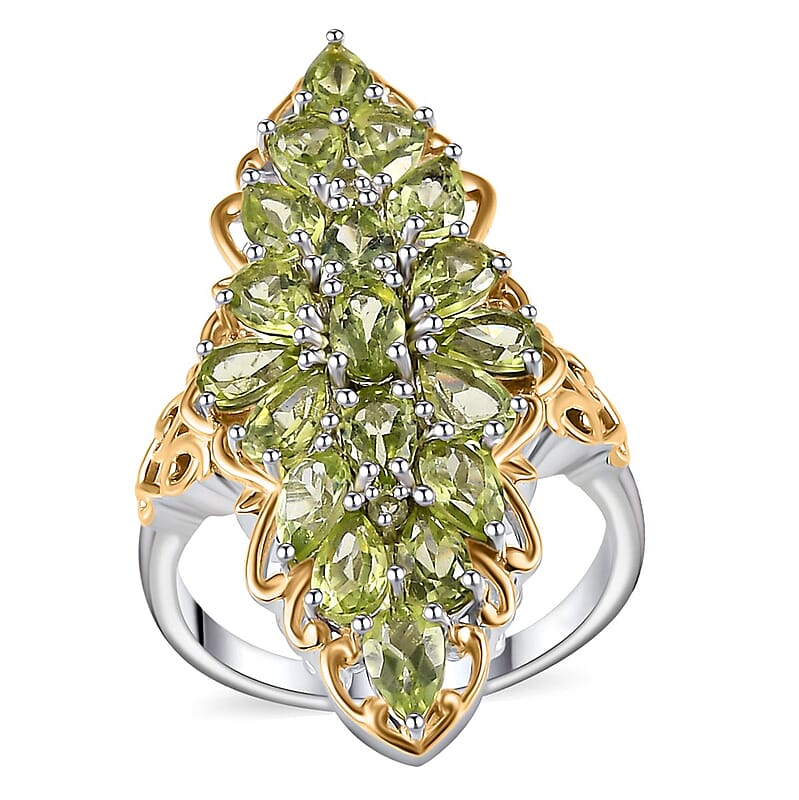 Peridot Elongated Ring in Vermeil YG and Platinum Over Sterling Silver (Size 10.0) 4.40 ctw