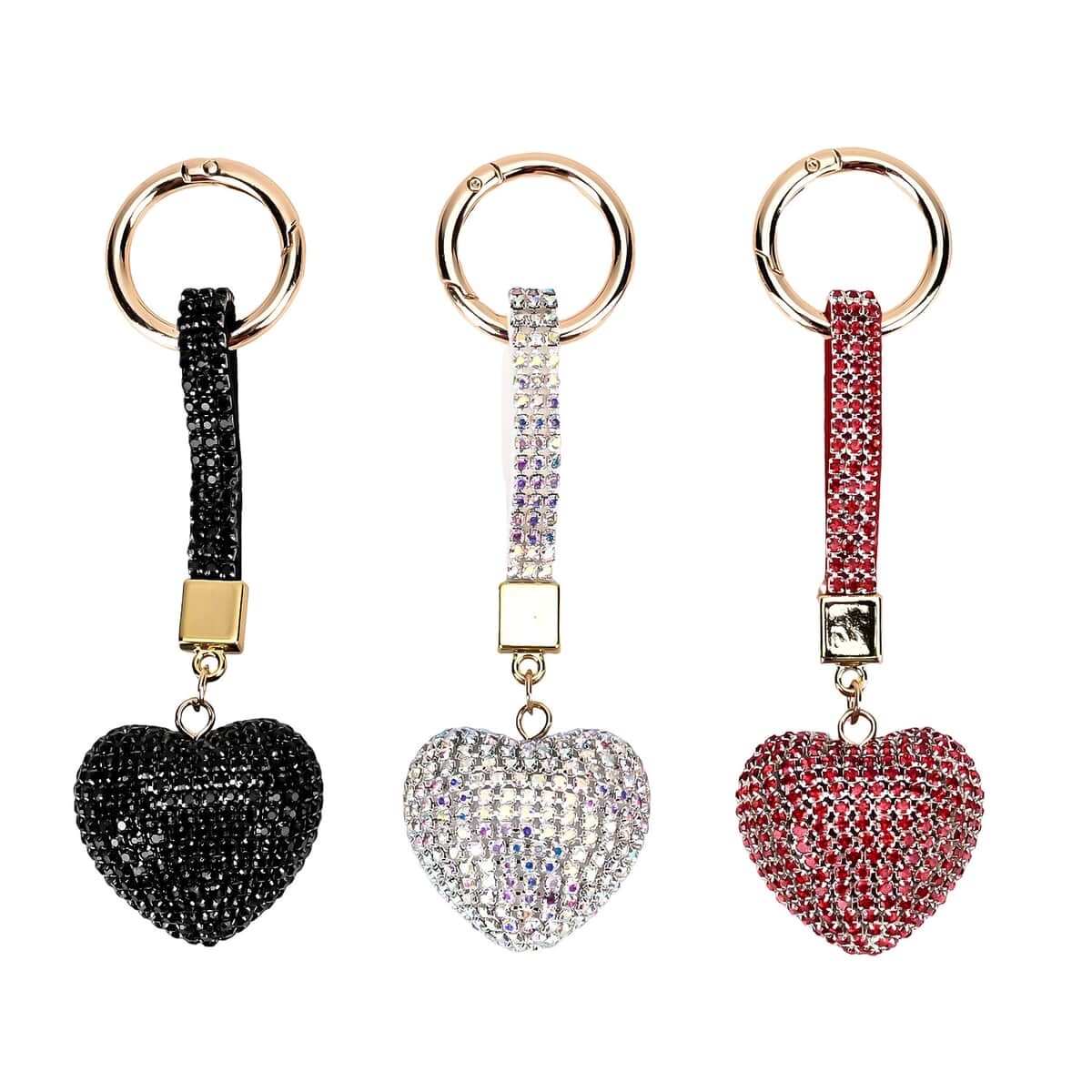 Set of 3 Black, Aurora Borealis, Red Sparkling Rhinestone Heart Keychain in Goldtone image number 0