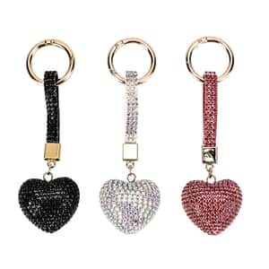 Set of 3 Black, Aurora Borealis, Red Sparkling Rhinestone Heart Keychain in Goldtone