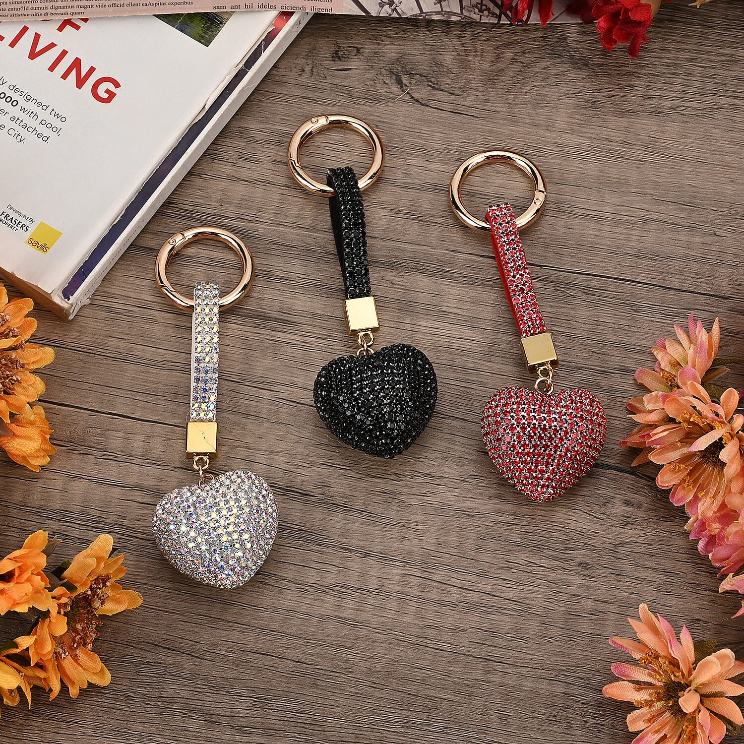 Set of 3 Black, Aurora Borealis, Red Sparkling Rhinestone Heart Keychain in Goldtone