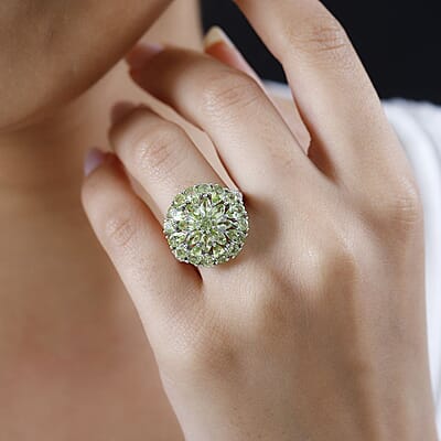 Peridot and White Zircon Floral Spray Ring in Platinum Over Sterling Silver (Size 10.0) 4.35 ctw