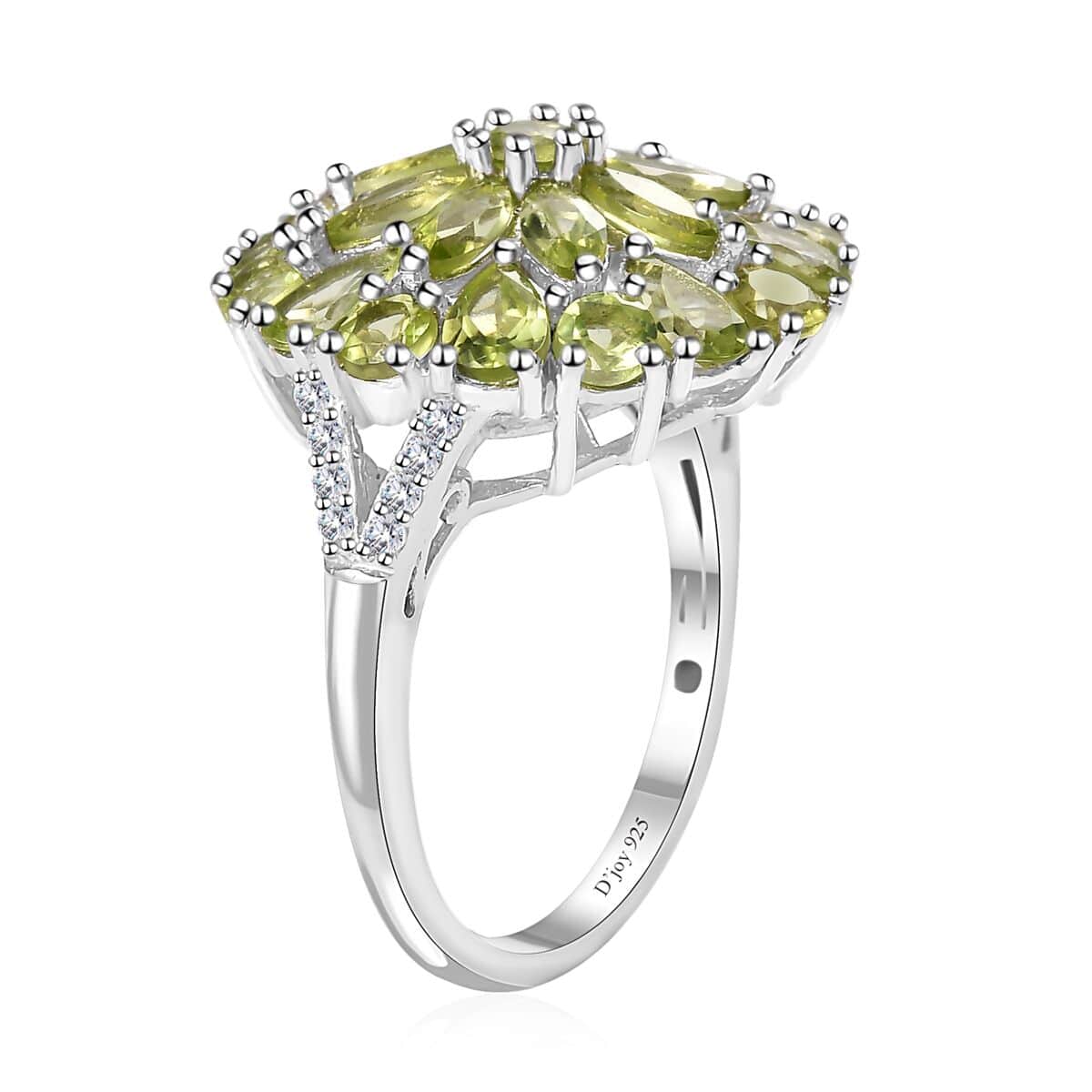 Peridot and White Zircon Floral Spray Ring in Platinum Over Sterling Silver (Size 10.0) (Del. in 10-12 Days) 4.35 ctw image number 3