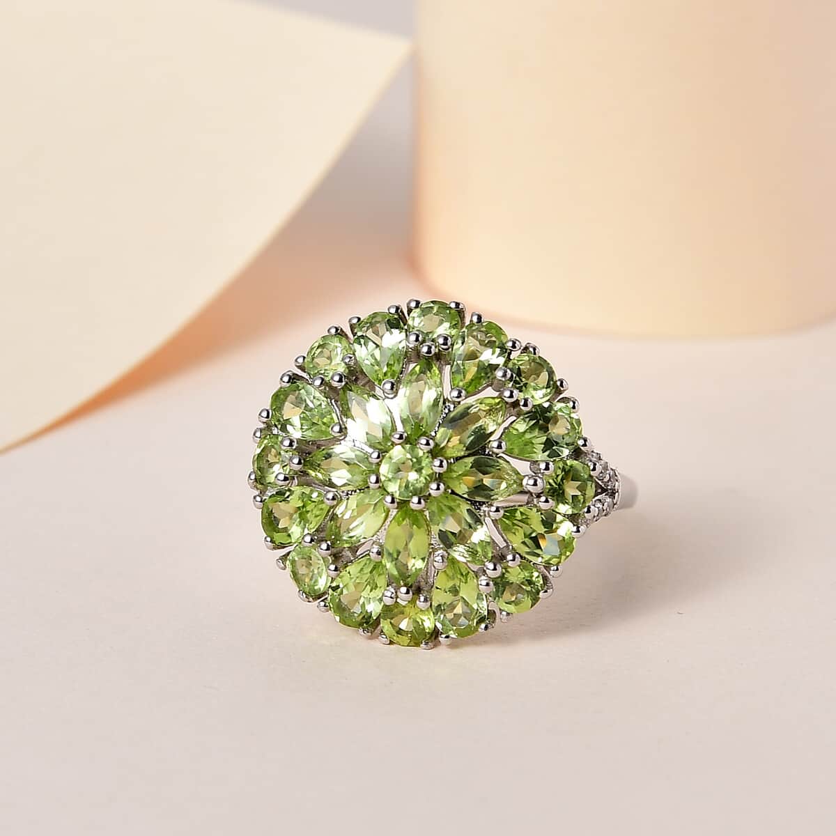 Peridot and White Zircon Dahlia Floral Spray Ring in Platinum Over Sterling Silver (Size 5.0) 4.35 ctw image number 1