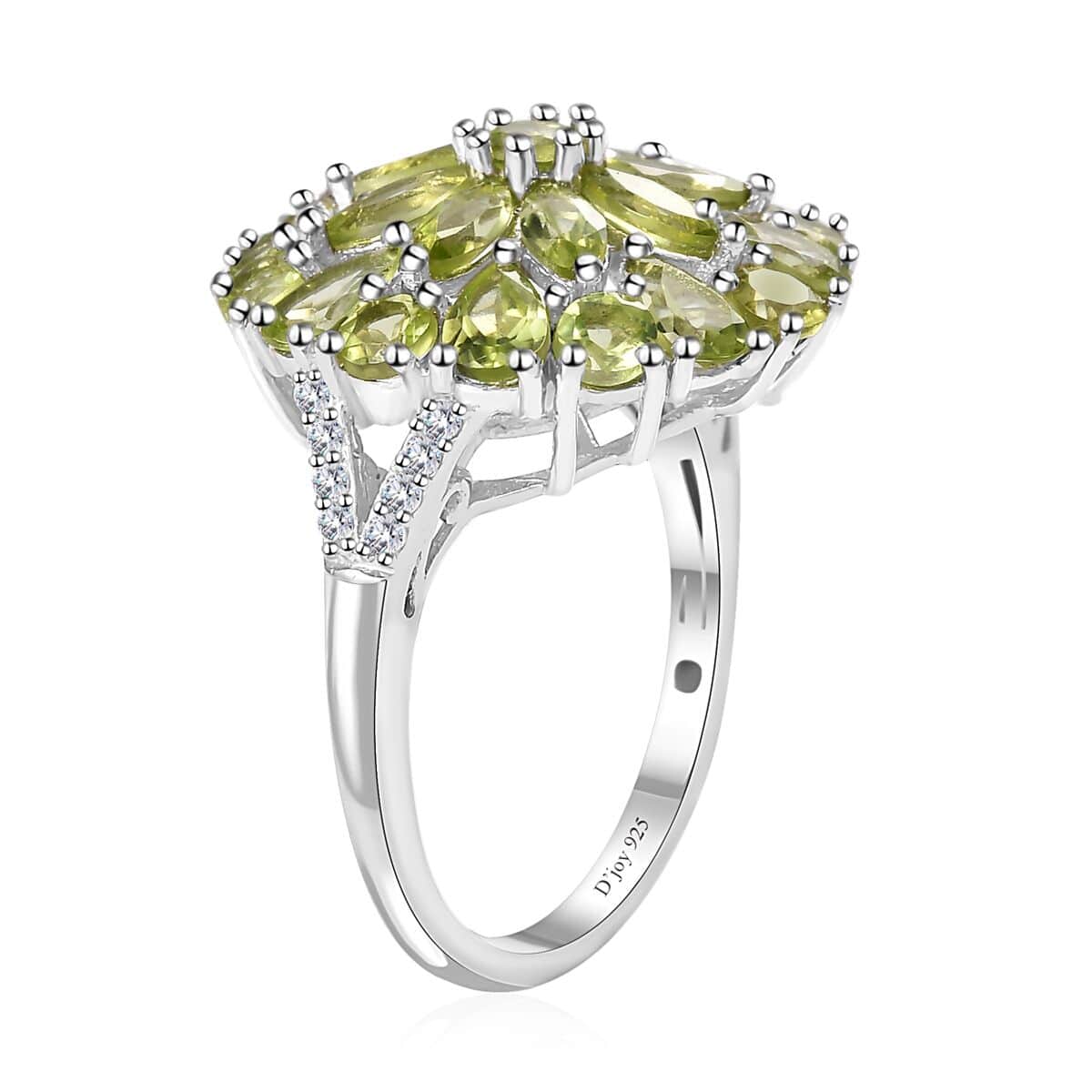 Peridot and White Zircon Dahlia Floral Spray Ring in Platinum Over Sterling Silver (Size 6.0) 4.35 ctw image number 3