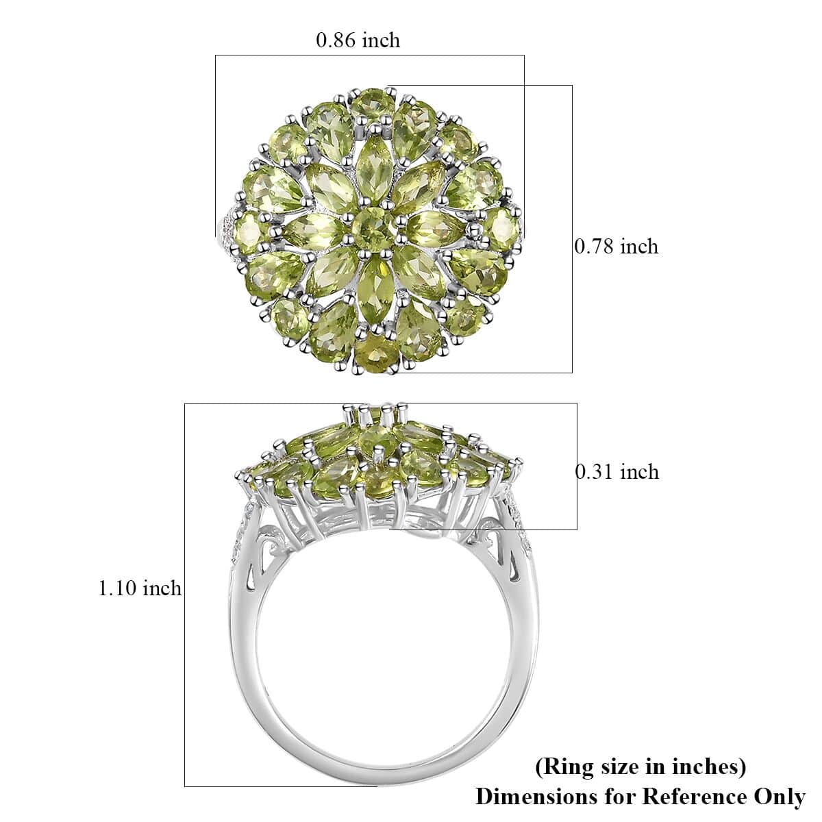 Peridot and White Zircon Dahlia Floral Spray Ring in Platinum Over Sterling Silver (Size 6.0) 4.35 ctw image number 5