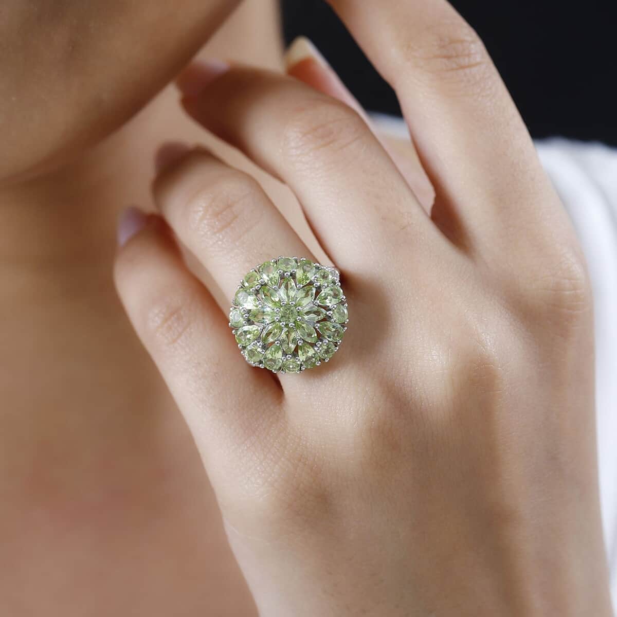 Peridot and White Zircon Dahlia Floral Spray Ring in Platinum Over Sterling Silver (Size 7.0) 4.35 ctw image number 2