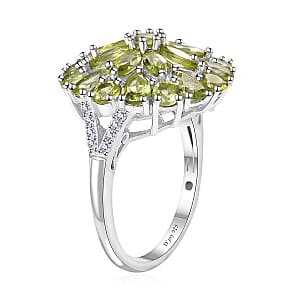 Peridot and White Zircon Dahlia Floral Spray Ring in Platinum Over Sterling Silver (Size 7.0) 4.35 ctw