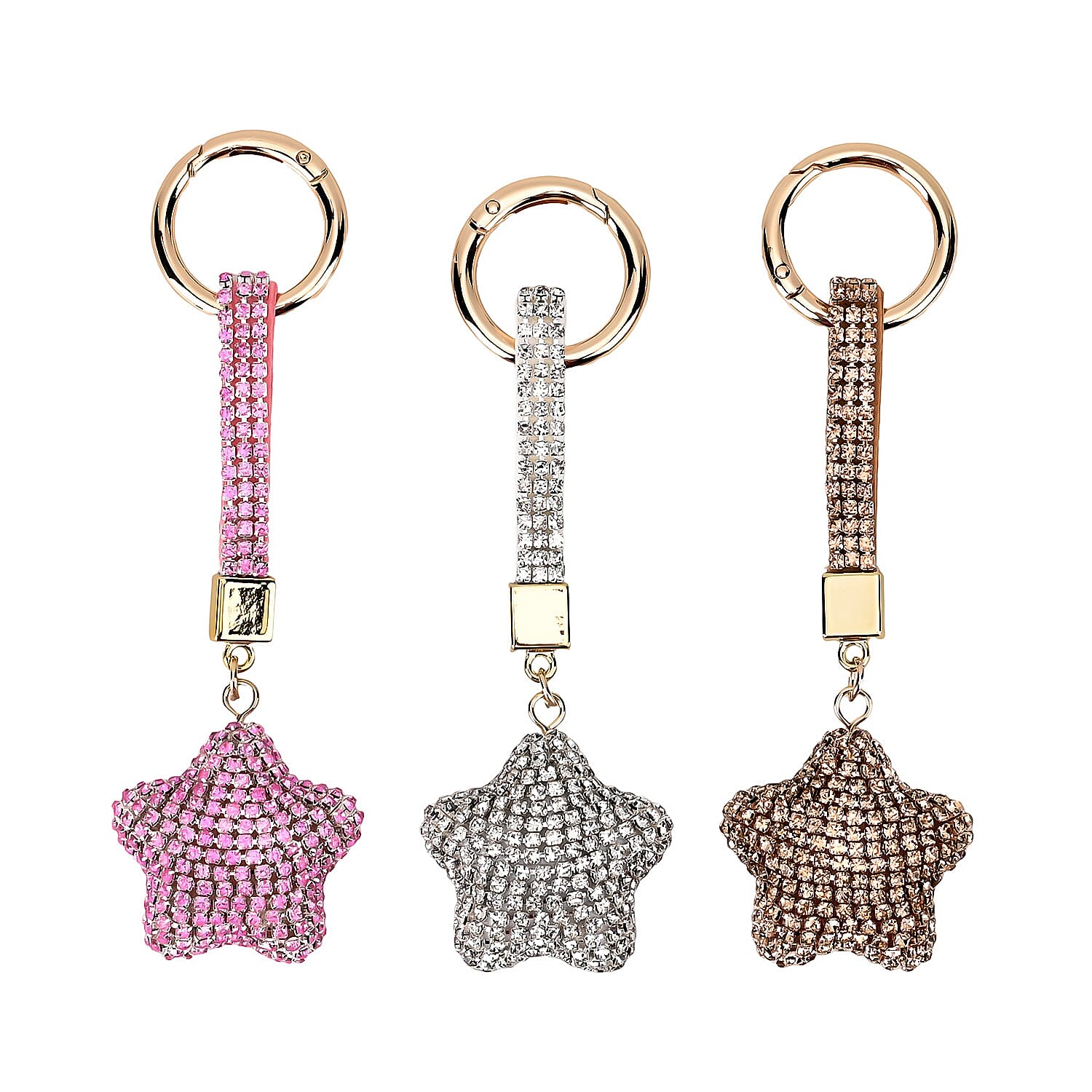 Set of 3 Champagne, White, Pink Sparkling Rhinestone Star Keychain in Goldtone