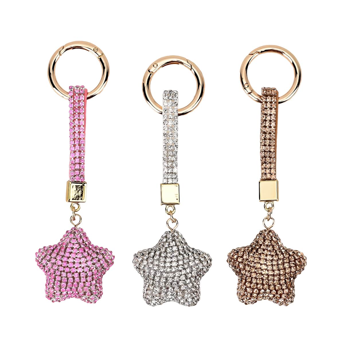 Set of 3 Champagne, White, Pink Sparkling Rhinestone Star Keychain in Goldtone image number 0