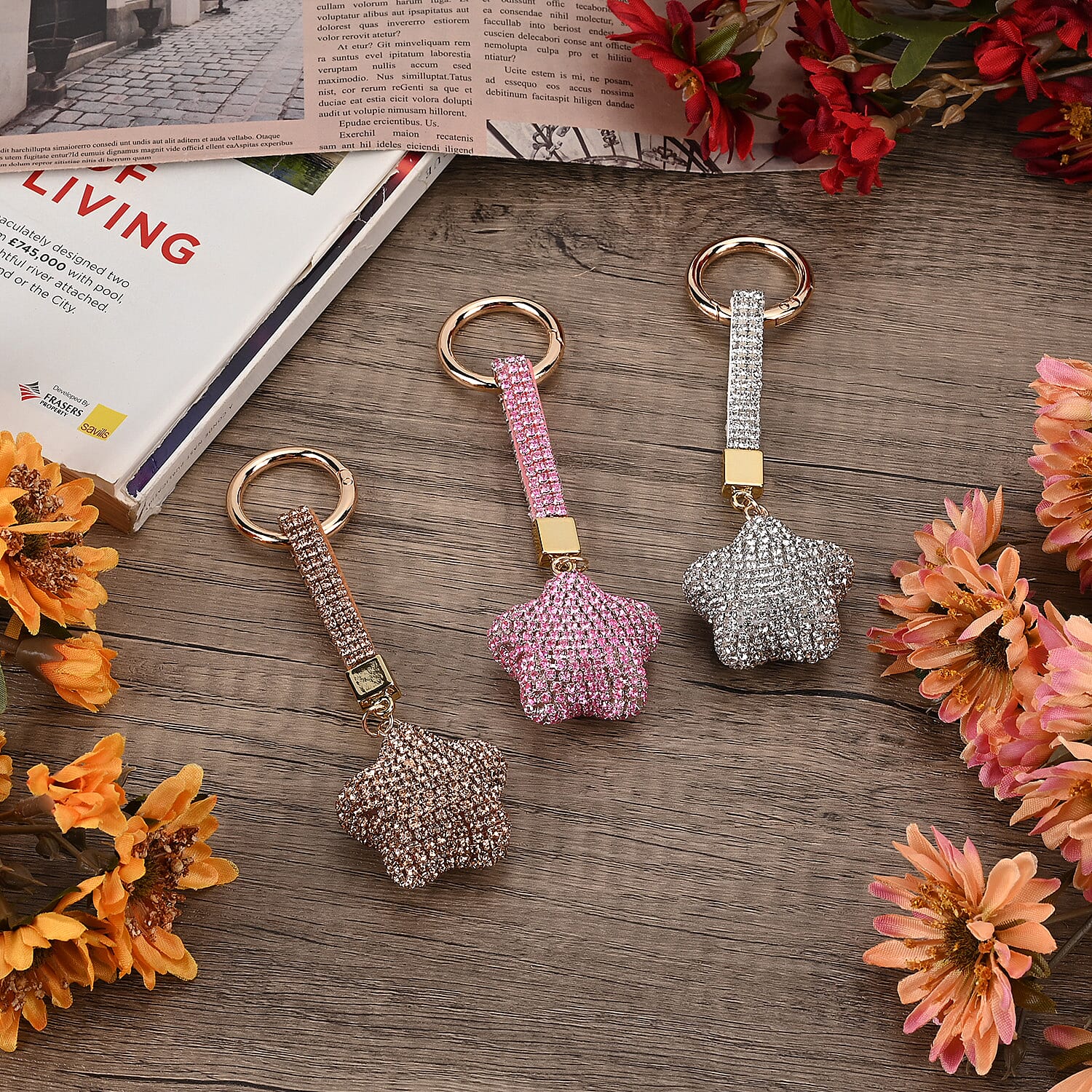 Set of 3 Champagne, White, Pink Sparkling Rhinestone Star Keychain in Goldtone