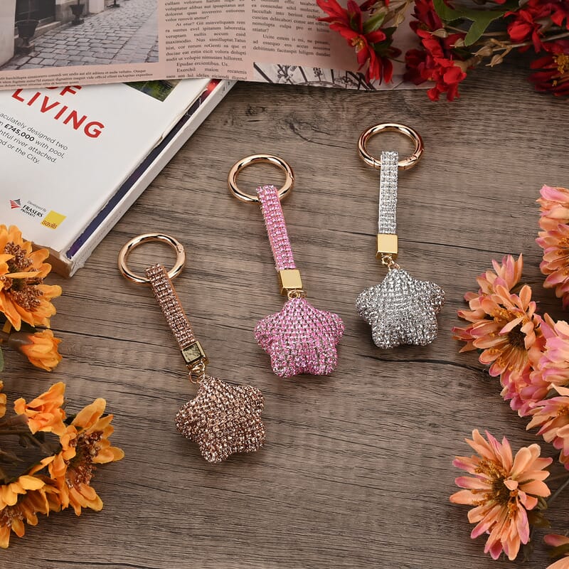 Set of 3 Champagne, White, Pink Sparkling Rhinestone Star Keychain in Goldtone
